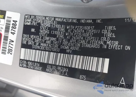 2013 Toyota Sienna Xle V6 7 Passenger Auto Access Seat/Xle V6 8 Passenger z USA, uszkodzony, nr VIN 5TDYK3DC1DS310650